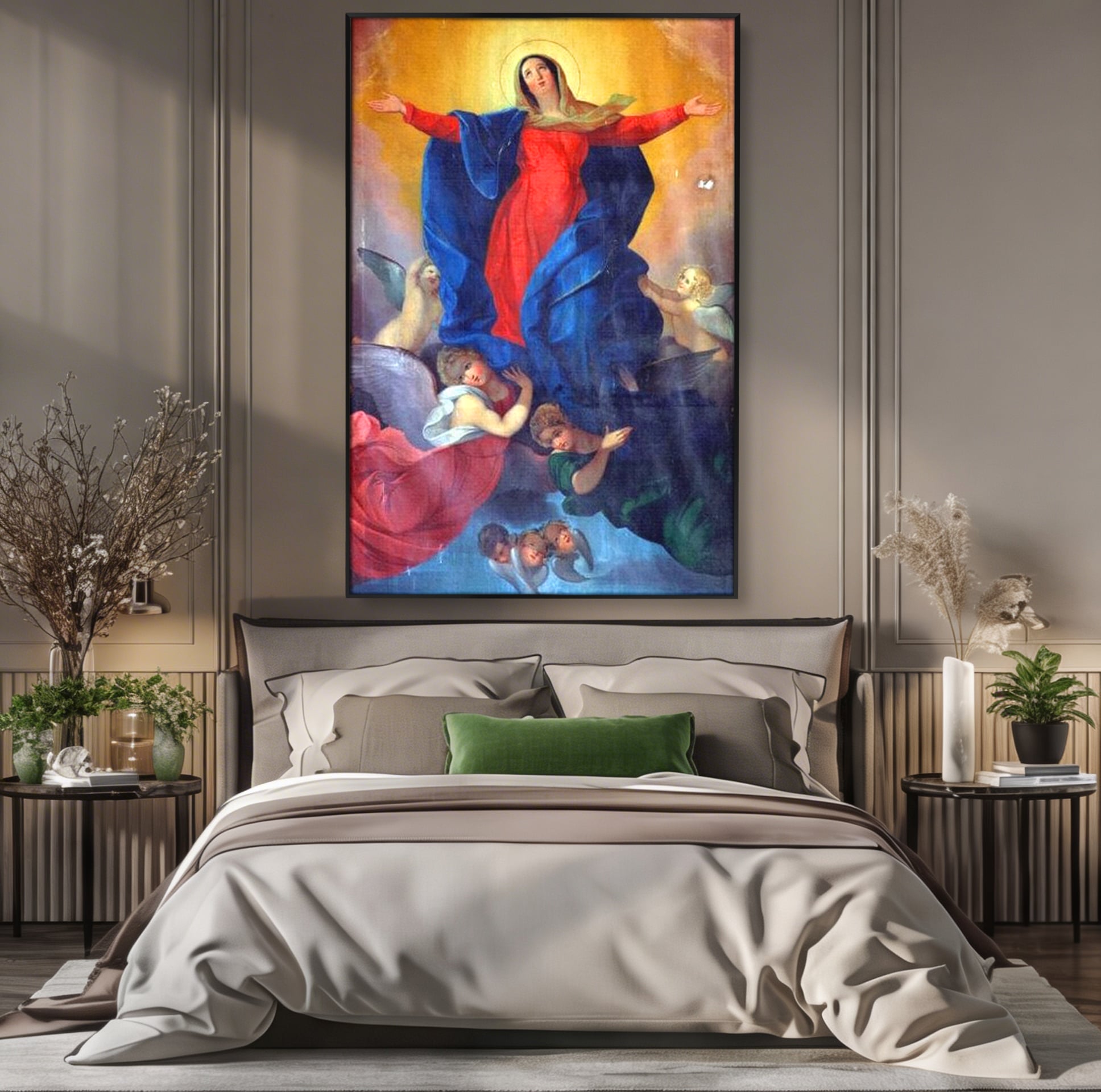 Tablou canvas cu tablou canvas cu fecioara si ingeri, in rama de aluminiu negru, pe perete intr-un dormitor